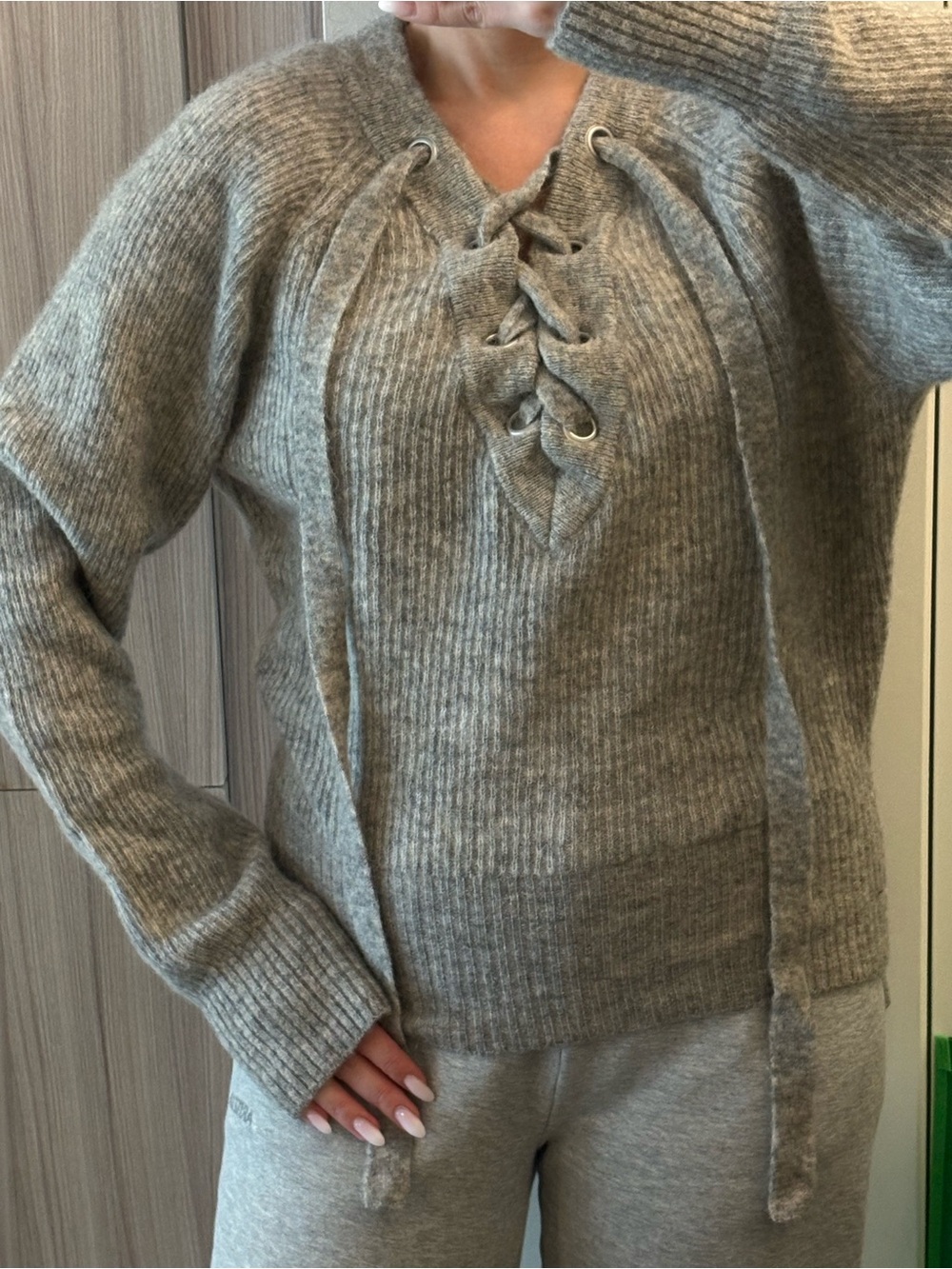 H&M Light Gray Lace-Up mohair/wool Knit Sweater